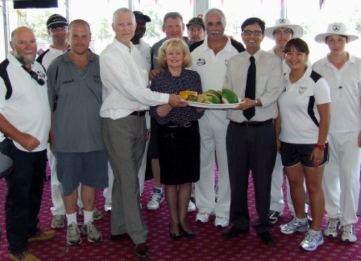 *Admiring the healthy fruit platters on offer every weekend at Moonee Valley are (L-R) players Peter Fenaughty, Michael Cumbo, Peter Smith, Colin Sindall (Health Dept), Vic Hodge, Loretta Vaughan (Health Dept), Simon Thornton, Jim Polonidis, Charlie Walker, Zahid Ansari (Health Dept), James Webster, Tien Polonidis, and Nick Webster.